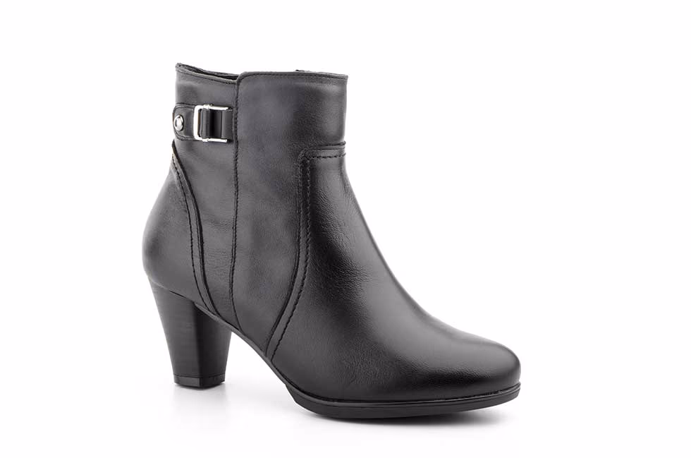 Botines Mujer Piel Negro Hebilla Cremallera Tacón