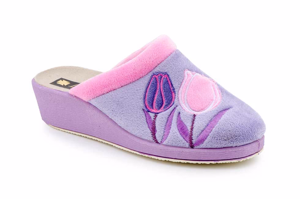 Zapatillas Casa Mujer Paño Lila Rosa Tulipanes