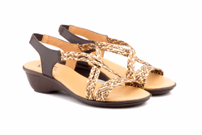 Sandalias Mujer Trenzado Piel Metalizado Bronce Elástico Cuña - 2