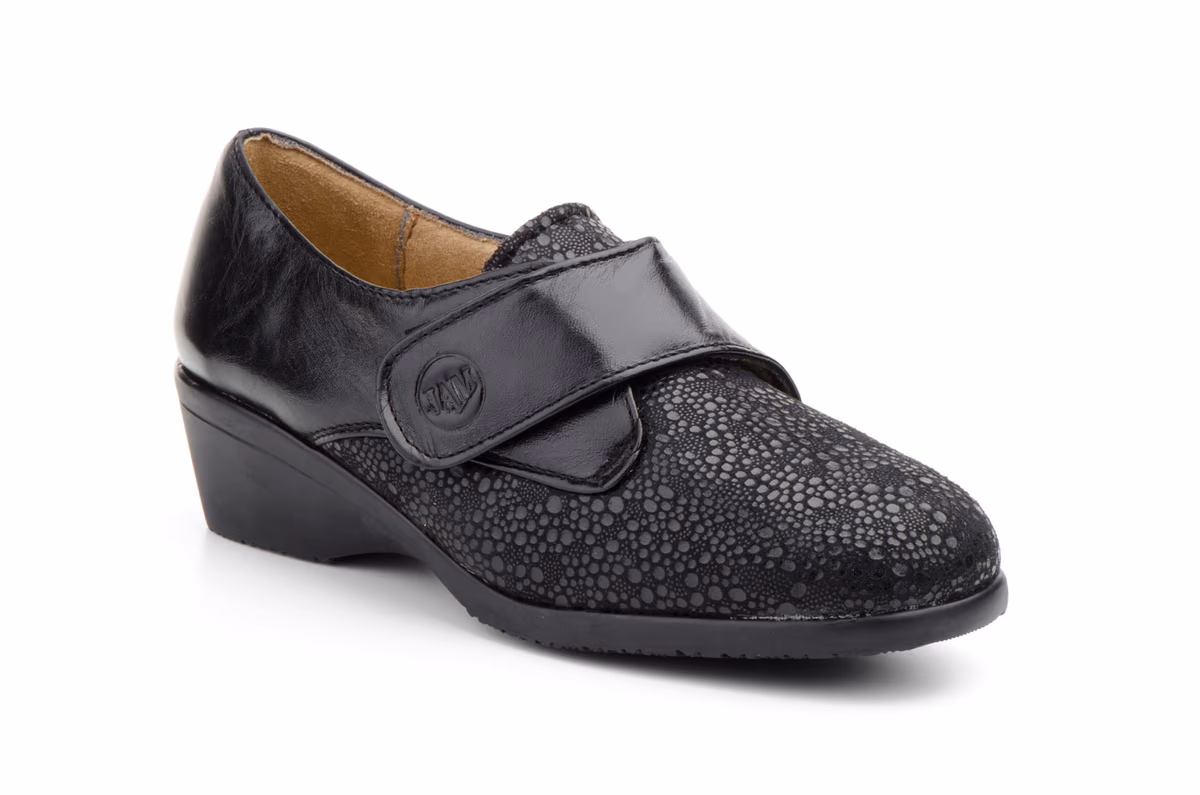 Zapatos Mujer Piel Negro Licra Comodon Cuña