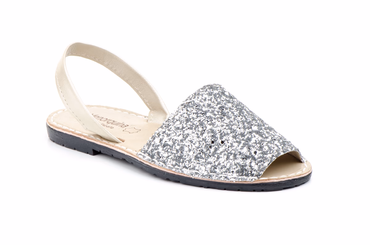 Menorquinas Ibicencas Mujer Glitter Plata Piel Platino