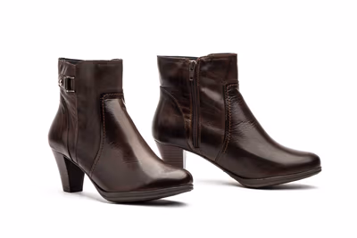 Botin Mujer Piel Marrón Hebilla Cremallera Tacón