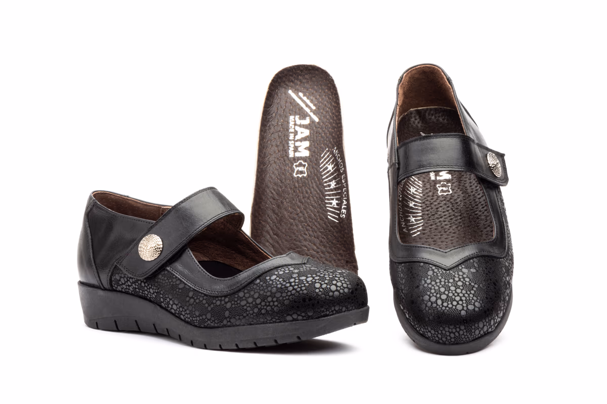 Zapatos Mujer Piel Negro Licra Cuña