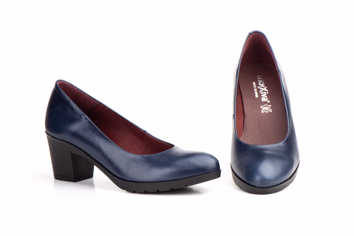 Zapatos Salón Mujer Piel Marino Tacón Ancho