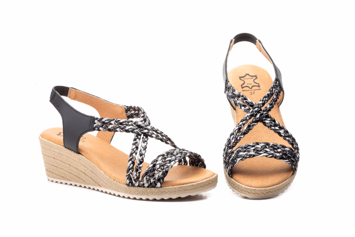 Sandalias Mujer Trenzado Negro Plata Cuña 