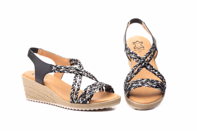 Sandalias Mujer Trenzado Negro Plata Cuña 