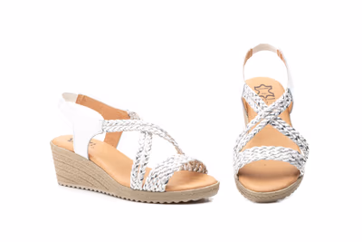 Sandalias Mujer Trenzado Blanco Plata Cuña