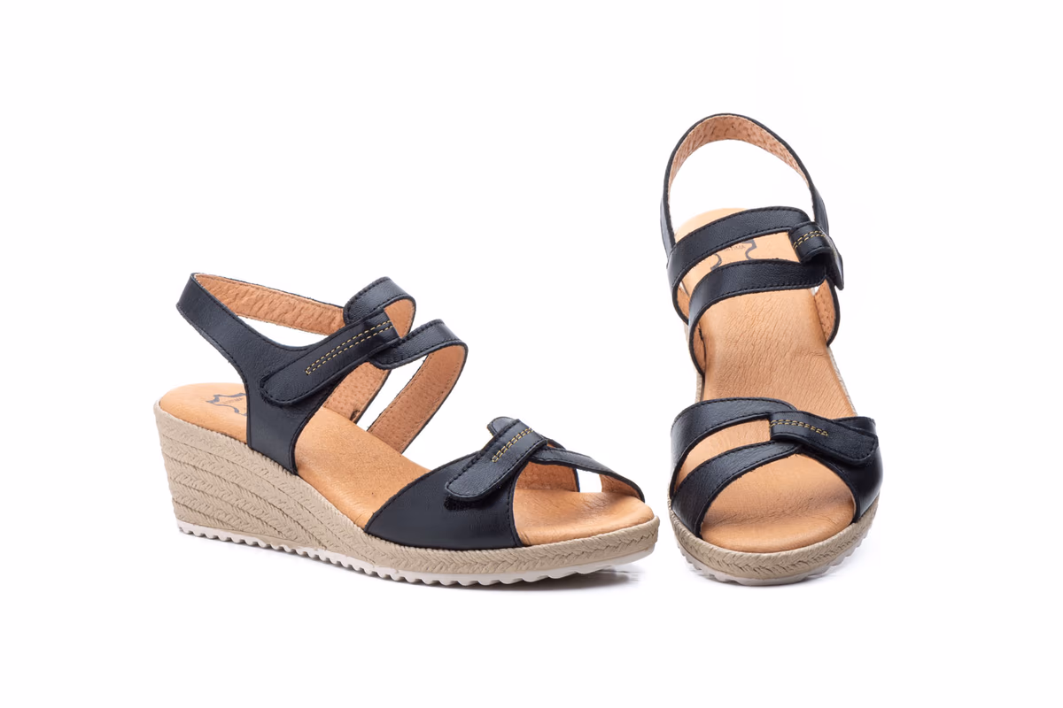 Sandalias Mujer Piel Negro Cuña Yute