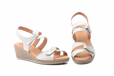 Sandalias Mujer Piel Beige Velcro Cuña Yute