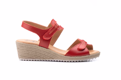 Sandalias Mujer Piel Rojo Velcro Cuña Yute - 3