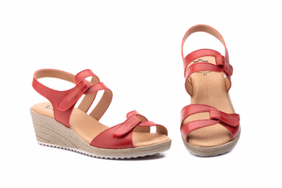 Sandalias Mujer Piel Rojo Velcro Cuña Yute