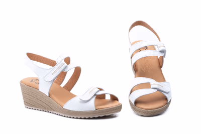 Sandalias Mujer Piel Blanco Velcro Cuña Yute