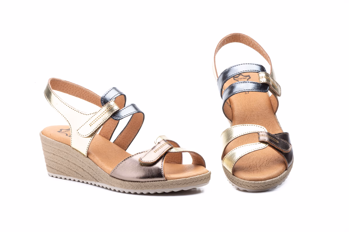 Sandalias Mujer Piel Platino Bronce Plomo Velcro Cuña Yute