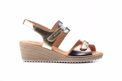 Sandalias Mujer Piel Platino Bronce Plomo Velcro Cuña Yute - 3