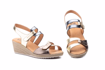 Sandalias Mujer Piel Platino Bronce Plomo Velcro Cuña Yute