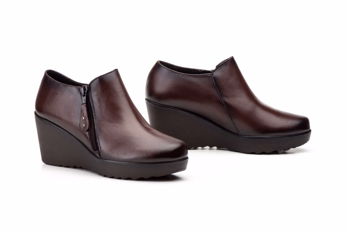 Zapatos Mujer Piel Marrón Cremallera Cuña