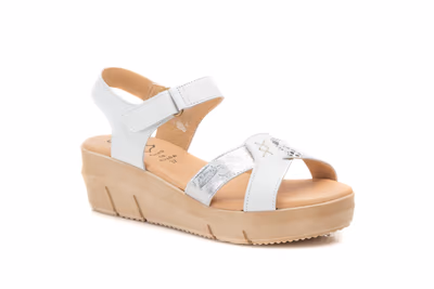 Sandalias Mujer Piel Blanco Plata Velcro Cuña Gel - 2