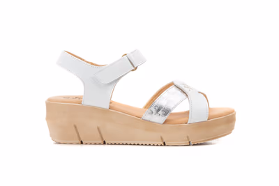 Sandalias Mujer Piel Blanco Plata Velcro Cuña Gel - 4
