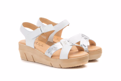 Sandalias Mujer Piel Blanco Plata Velcro Cuña Gel - 5