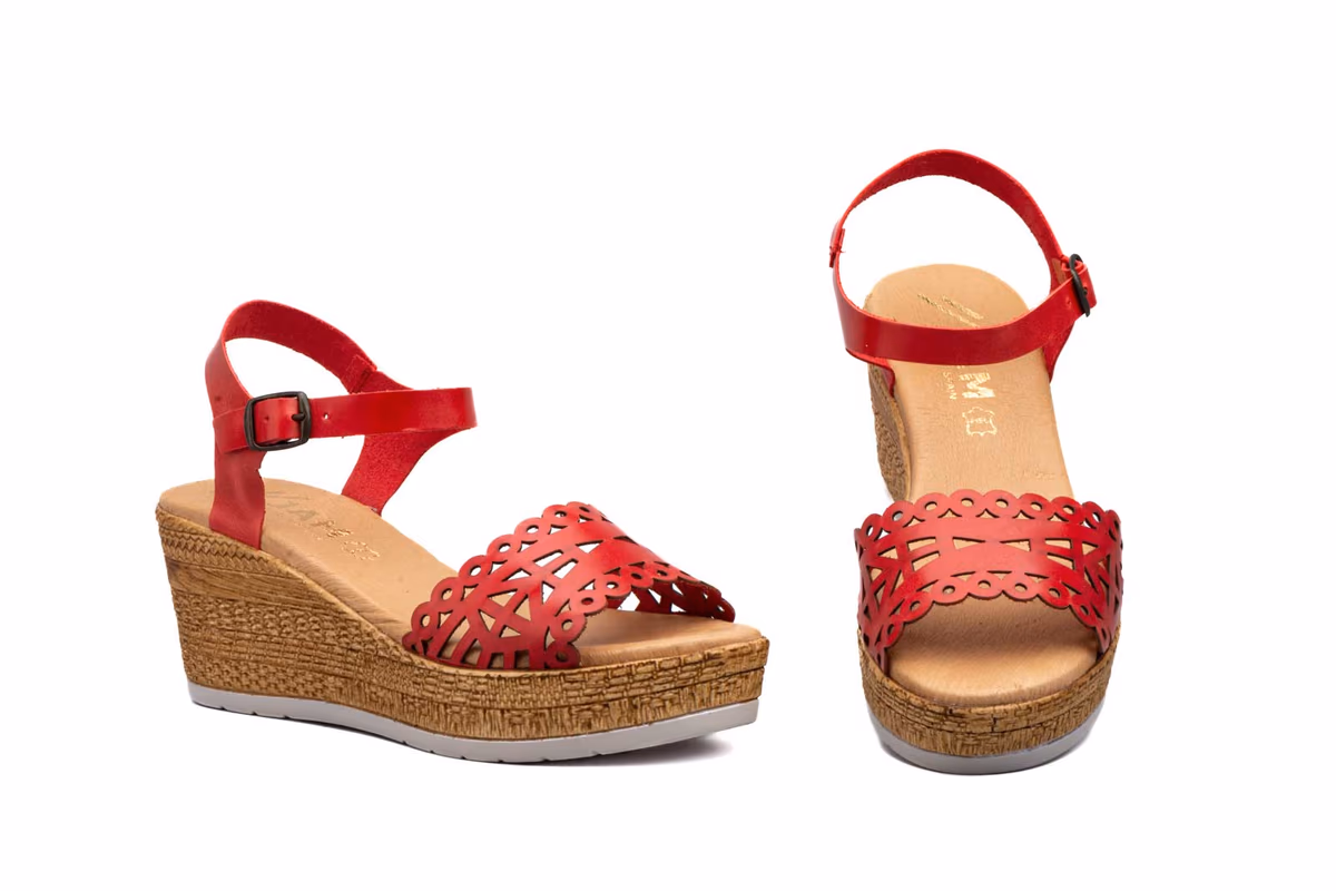 Sandalias Mujer Piel Láser Rojo Cuña Yute