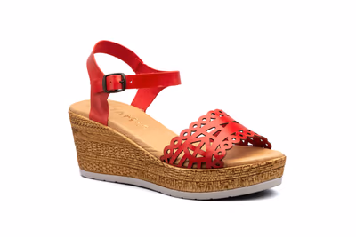 Sandalias Mujer Piel Láser Rojo Cuña Yute - 2