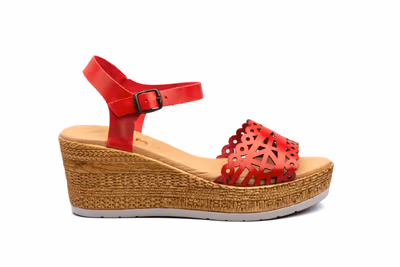 Sandalias Mujer Piel Láser Rojo Cuña Yute - 3