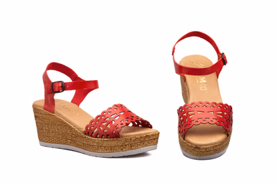 Sandalias Mujer Piel Láser Rojo Cuña Yute