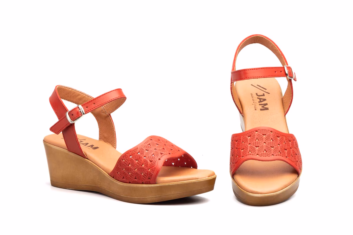Sandalias Mujer Piel Rojo Cuña