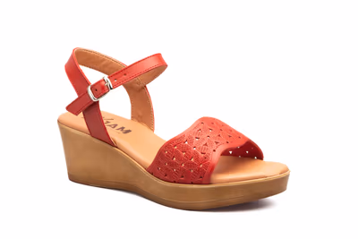Sandalias Mujer Piel Rojo Cuña - 2