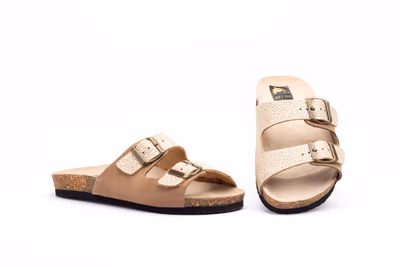 Sandalias Bio Mujer Piel Marrón Oro Hebillas