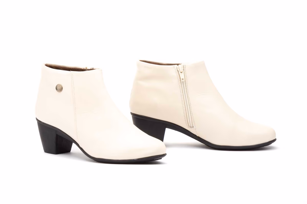 Botines Mujer Piel Marfil Tacón Cremallera