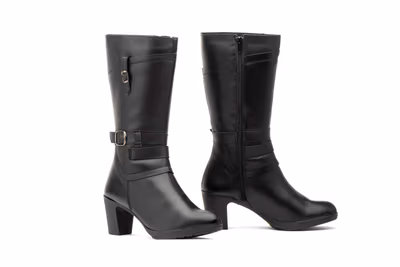 Botas Mujer Piel Negro Hebilla Cremallera Tacón