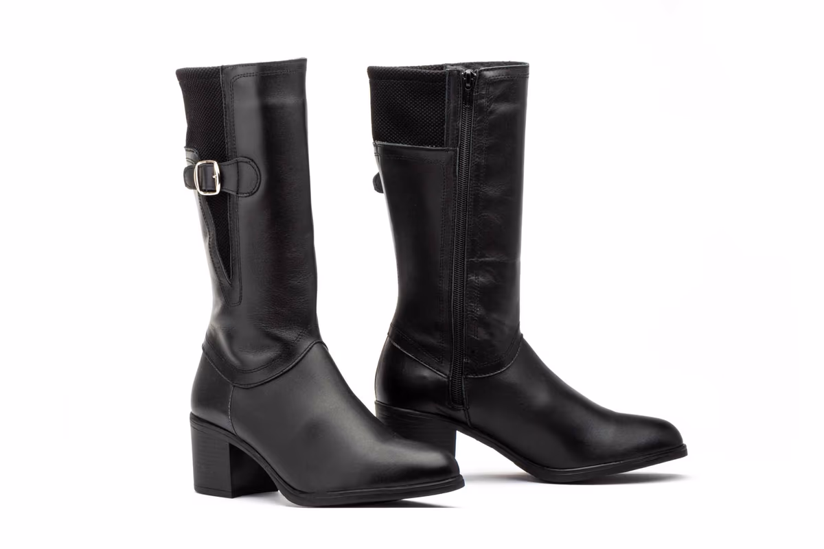 Botas Mujer Piel Negro Licra Hebilla Tacón