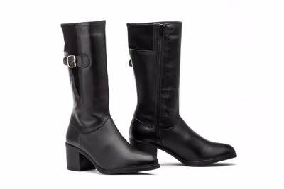 Botas Mujer Piel Negro Licra Hebilla Tacón