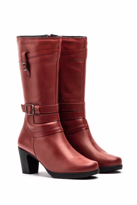 Botas Mujer Piel Burdeos Hebilla Cremallera Tacón - 4