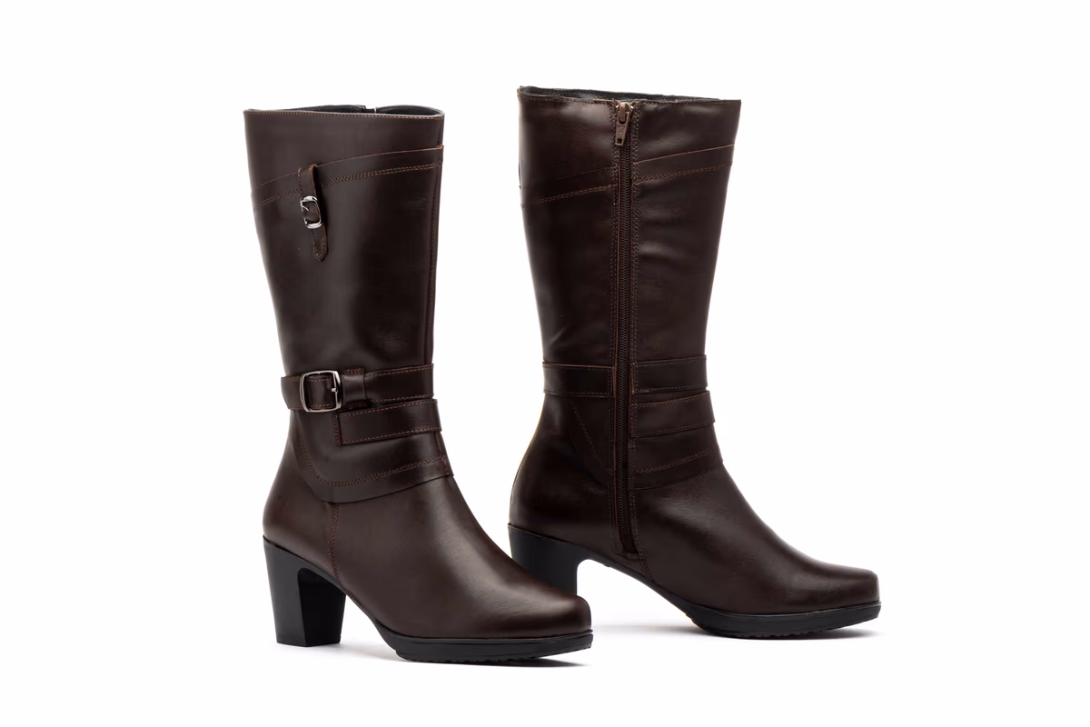 Botas Mujer Piel Marrón Hebilla Cremallera Tacón