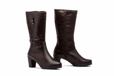 Botas Mujer Piel Marrón Hebilla Cremallera Tacón