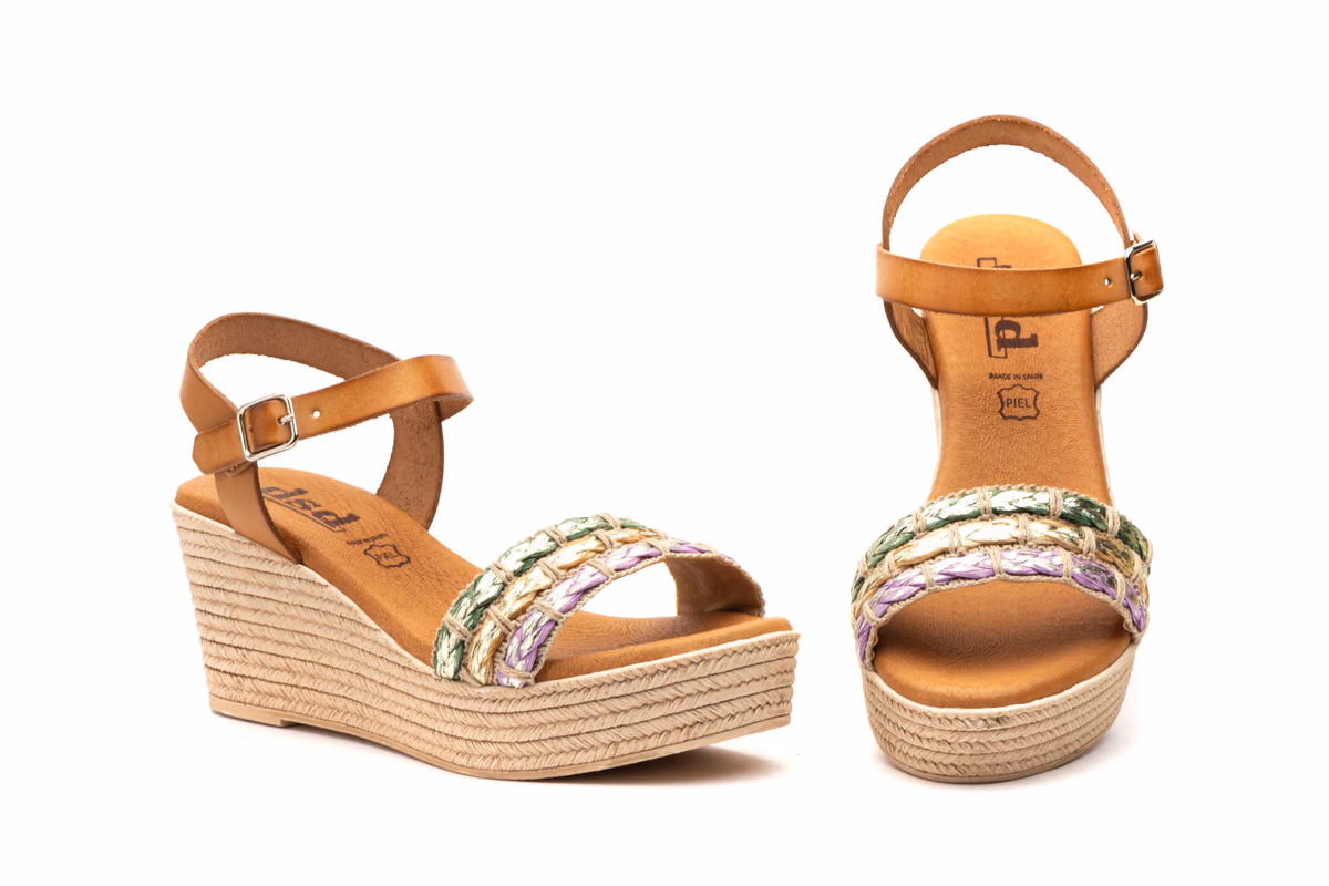 Sandalias Mujer Piel Camel Tiras Rafia Verde Beige Lila