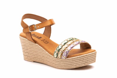 Sandalias Mujer Piel Camel Tiras Rafia Verde Beige Lila - 2