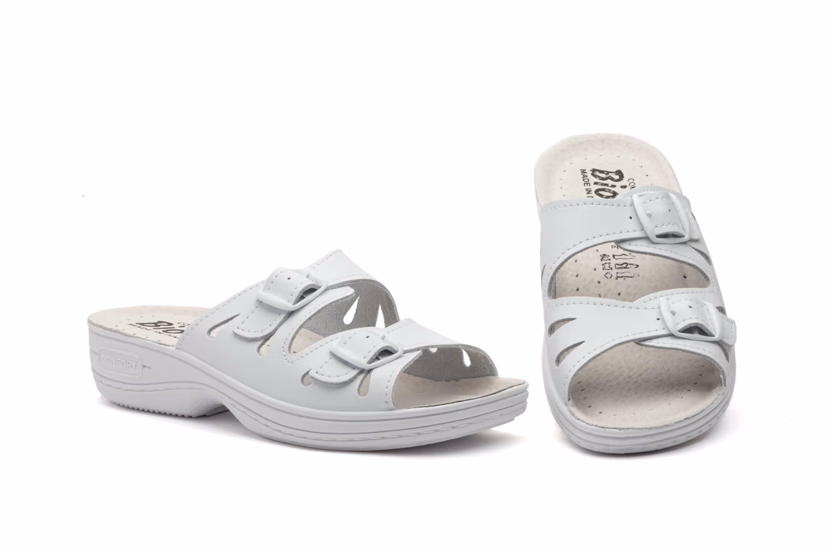 Zuecos Mujer Piel Blanco Hebillas BioUp