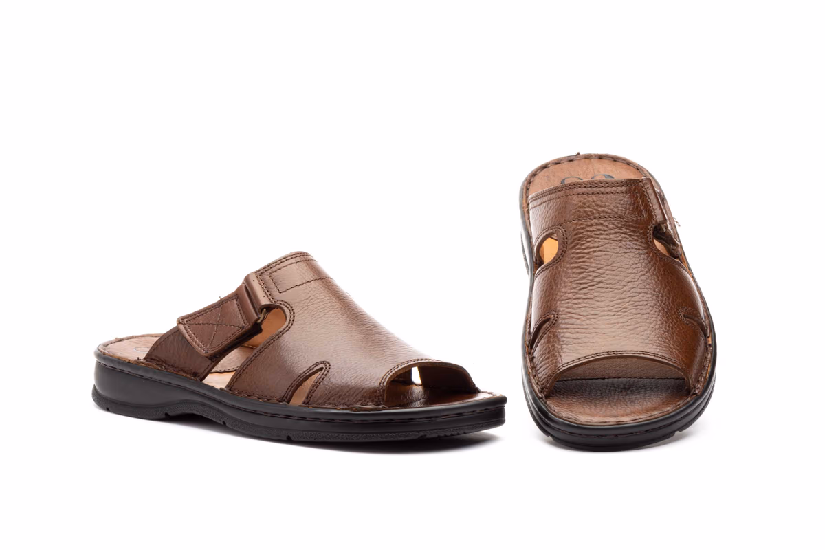 Sandalias Hombre Piel Marrón Velcro
