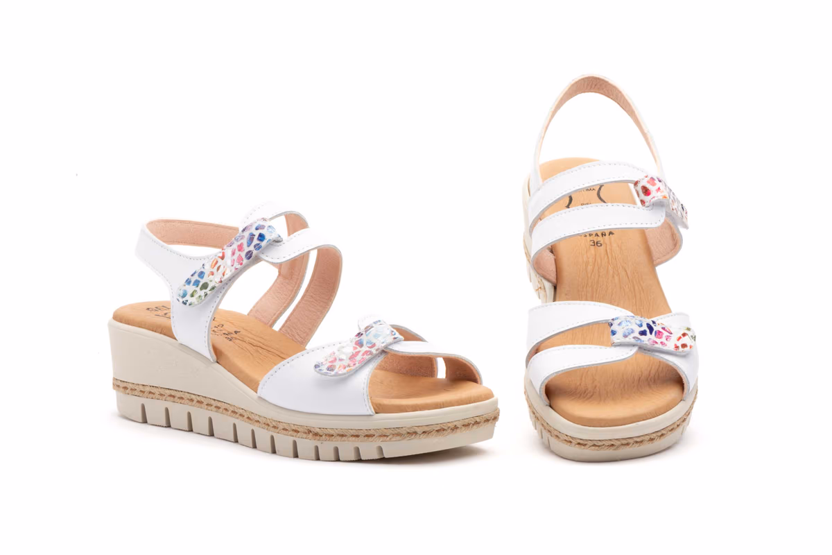 Sandalias Mujer Piel Blanco Cuña Yute