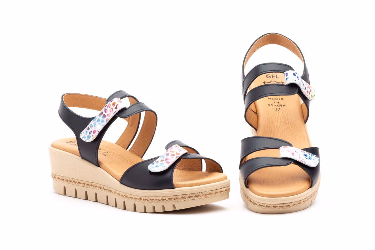 Sandalias Mujer Piel Marino Cuña Yute