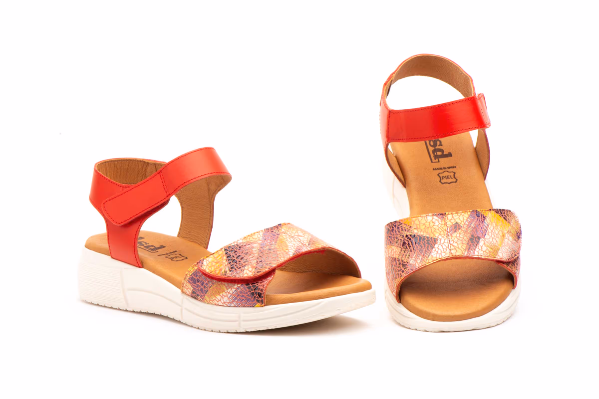 Sandalias Mujer Piel Rojo Velcro