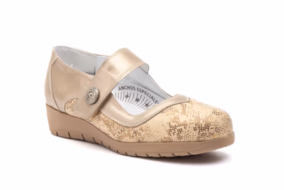 Zapatos Mujer Piel Metalizado Ocre Licra Cuña - 2