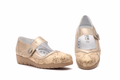 Zapatos Mujer Piel Metalizado Ocre Licra Cuña