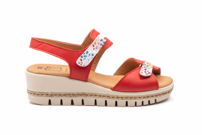 Sandalias Mujer Piel Rojo Cuña Yute - 3