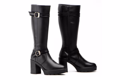 Botas Mujer Piel Negro Hebillas Tacón Alto