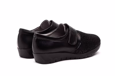 Zapatos Mujer Piel Licra Negro Velcro Ancho Especial - 5