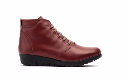 Botín Mujer Piel Burdeos Cordones Elásticos Cremallera Cuña - 3